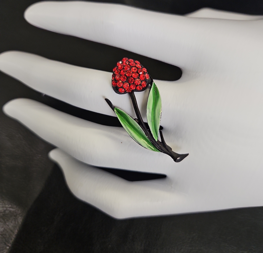 Red Crystal Flower Brooch with Green Enamel Leaves